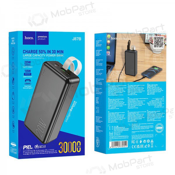 Bateria externa Power Bank Hoco J87B PD20W+QC3.0 30000mAh preto Bateria externa Power Bank Hoco J87B PD20W+QC3.0 30000mAh preto