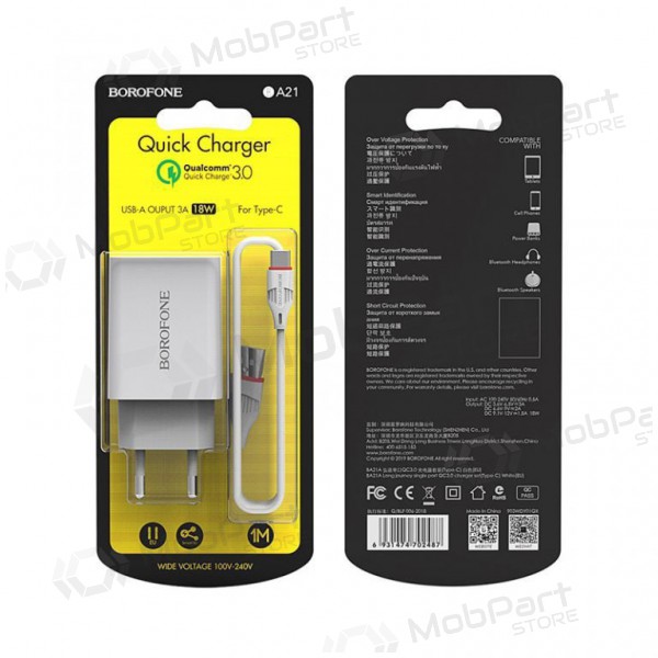 Carregador BOROFONE BA21A Long journey QC3.0 USB + Type-C cabo 18W (3.6V-6.5V/3A, 6.6V-9V/2A, 9.1V-12V/1.5A) (branco)