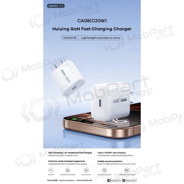 Carregador de telefone Remax CA08 20 W USB-C branco