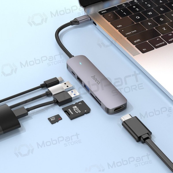 Adaptador USB-C Hoco HB28 USB-C para HDMI + USB 3.0 + USB 2.0 + SD + TF + PD cinzento