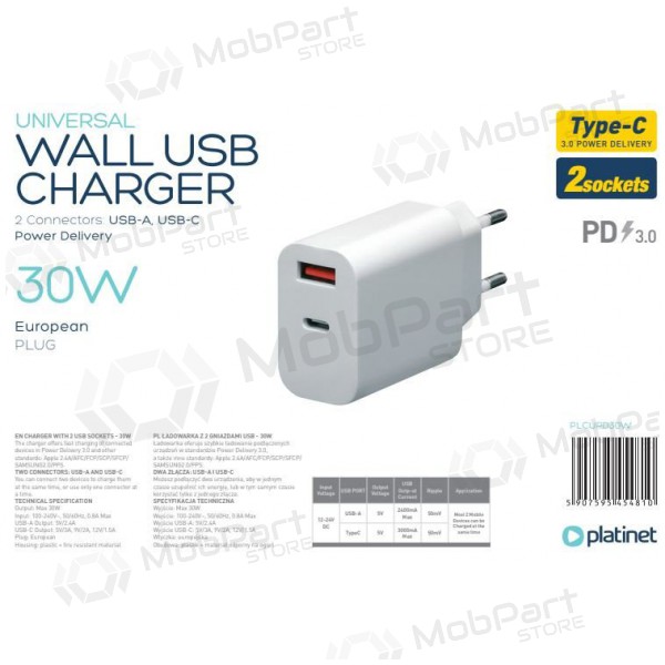 Platinet QuickCharge Type-C+USB 2.4A (30W) carregador