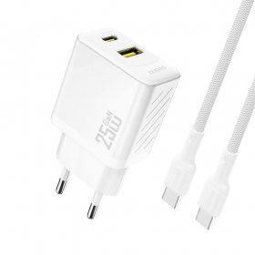 Carregador de telefone Dudao A26TC 25 W GaN USB-C + USB-A com cabo USB-C de 1 m branco