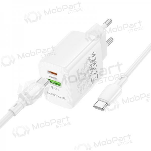Carregador de telefone Borofone BN29 30 W USB-C + USB-A com cabo USB-C de 1 m branco