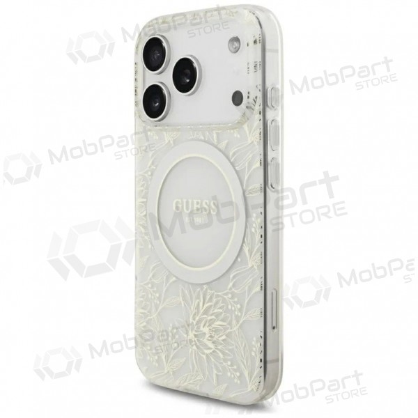 Capa para Apple iPhone 18 Pro - Guess IML Flowers Allover Strap MagSafe (branco)