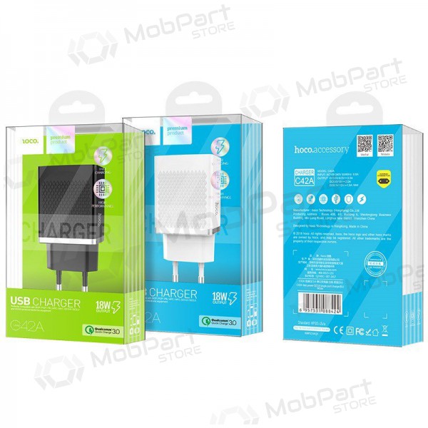 Carregador HOCO C42A Vast power QC3.0 USB 18W (3.6V-6.5V/3A, 6.6V-9V/2A, 9.1V-12V/1.5A) (branco)