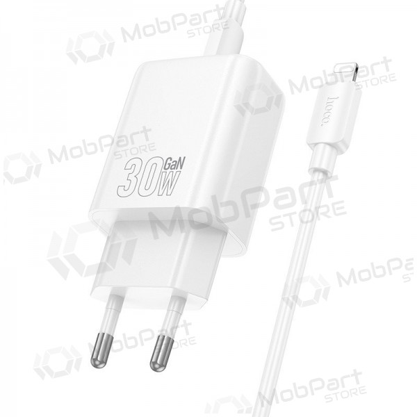 Carregador de telefone Hoco N63 30 W GaN USB-C + USB-A com cabo Lightning 1 m branco