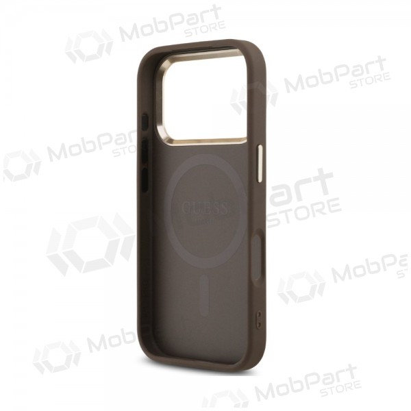 Capa para Apple iPhone 18 Pro - Guess PU Leather 4G Strass Triangle Logo Gold Frame MagSafe (castanho)