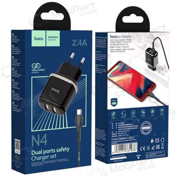 Carregador HOCO N4 Aspiring Dual USB + microUSB cabo (5V 2.4A) (preto)