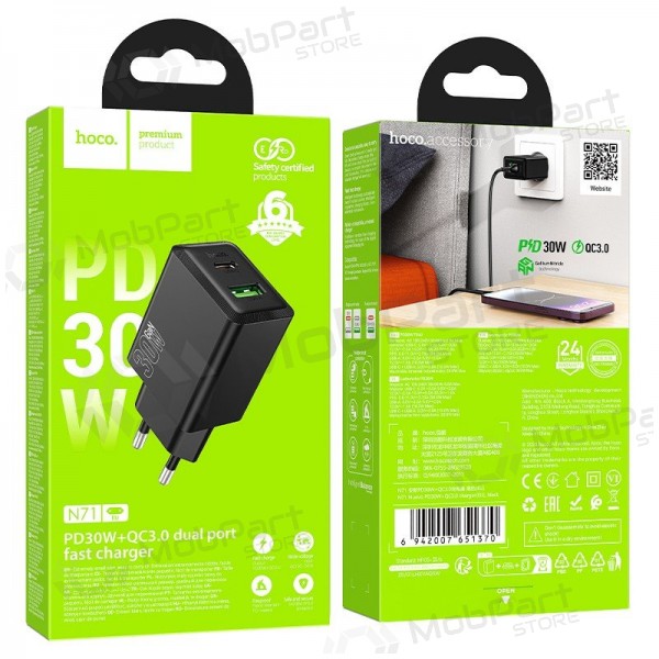 Carregador de telefone Hoco N71 30 W GaN USB-C + USB-A preto