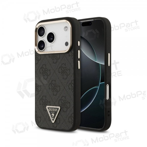 Capa para Apple iPhone 18 Pro - Guess PU Leather 4G Strass Triangle Logo Gold Frame MagSafe (preta)