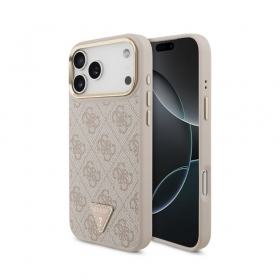 Capa para Apple iPhone 18 Pro - Guess PU Leather 4G Strass Triangle Logo Gold Frame MagSafe