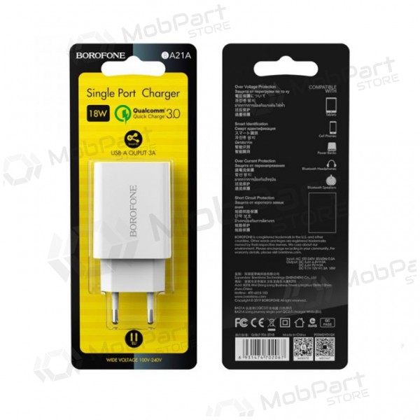 Carregador BOROFONE BA21A Long journey QC3.0 USB 18W (3.6V-6.5V/3A, 6.6V-9V/2A, 9.1V-12V/1.5A) (branco)