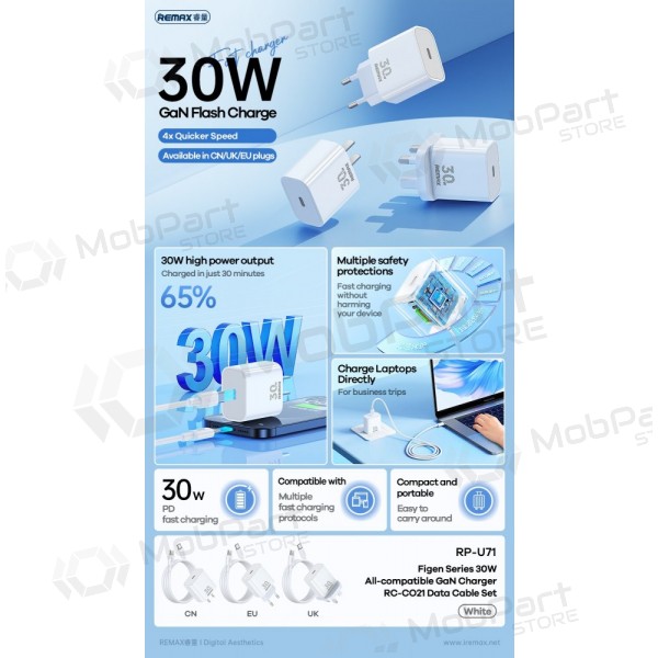 Carregador de telefone Remax RP-U71 30 W GaN USB-C com cabo USB-C 1 m branco