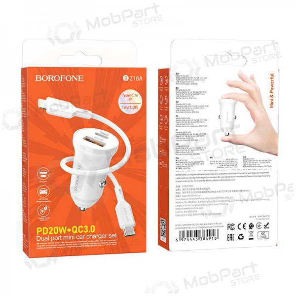Carregador automobilinis Borofone BZ18A USB-A/Type-C PD20W+QC3.0 + Lightning (branco)