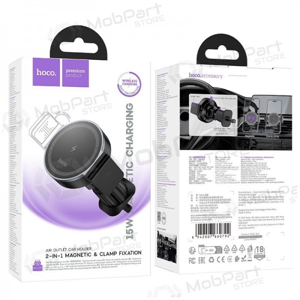Suporte de telefone para carro com carregamento sem fio Hoco HW35 MagSafe 15 W para as grelhas de ventilação.