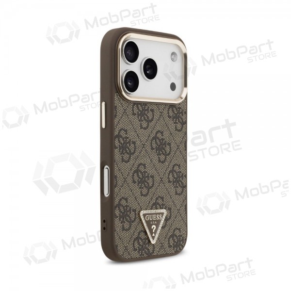 Capa para Apple iPhone 18 Pro - Guess PU Leather 4G Strass Triangle Logo Gold Frame MagSafe (castanho)
