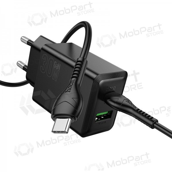 Carregador de telefone Hoco N71 30 W GaN USB-C + USB-A com cabo USB-C de 1 m preto