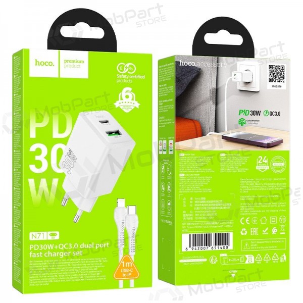 Carregador de telefone Hoco N71 30 W GaN USB-C + USB-A com cabo Lightning de 1 m branco