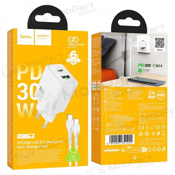 Carregador de telefone Hoco N71 30 W GaN USB-C + USB-A com cabo USB-C de 1 m branco