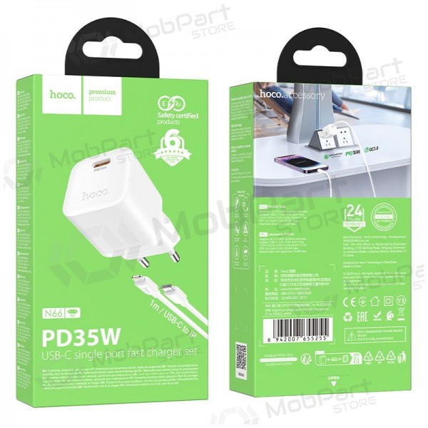 Carregador de telefone Hoco N66 35 W GaN USB-C + USB-A com cabo Lightning 1 m branco