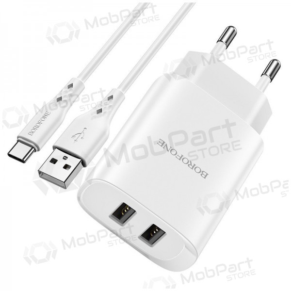 Carregador Borofone BN2 2xUSB 2.1A + USB Type-C (branco)