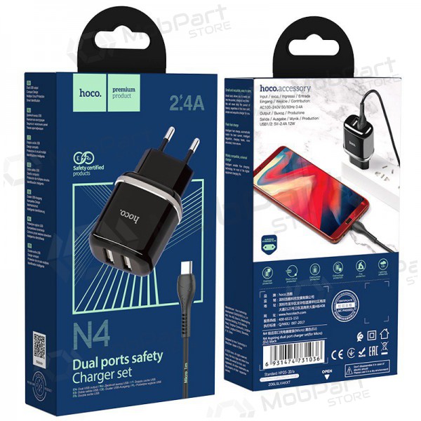 Carregador Hoco N4 + microUSB (2.4A) (preto)