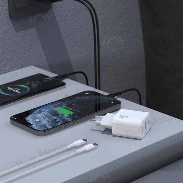 Carregador de telefone Dudao A26TC 25 W GaN USB-C + USB-A com cabo USB-C de 1 m branco