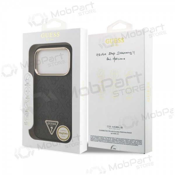 Capa para Apple iPhone 18 Pro - Guess PU Leather 4G Strass Triangle Logo Gold Frame MagSafe (preta)