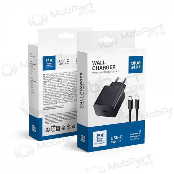 Carregador de telefone Blue Star 20 W USB-C com cabo USB-C preto