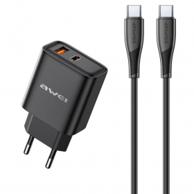 Carregador Awei PD81C-EU USB-A/USB-C + USB-C to USB-C cable preto
