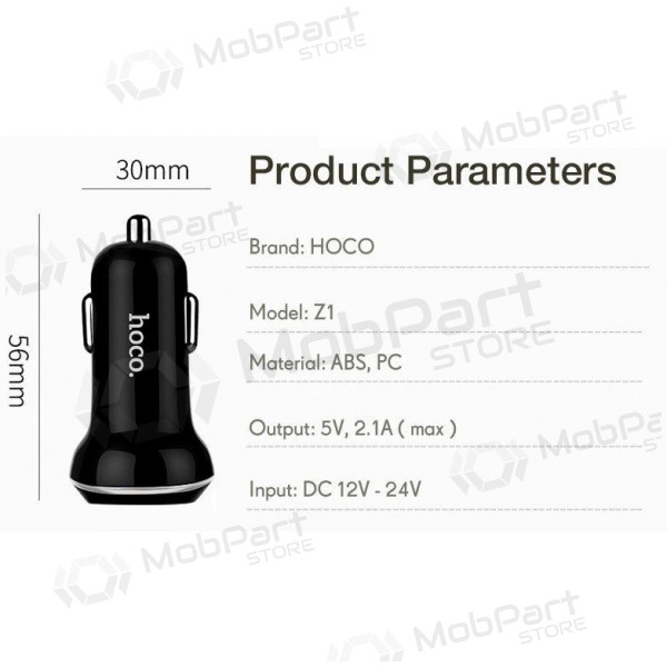 Carregador de carro HOCO Z1 Dual USB (5V 2.1A) (branco)