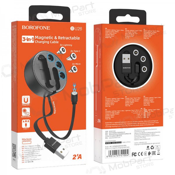 USB cabo Borofone BU26 3in1 microUSB-Lightning-Type-C magnetinic 1.0m (preto)