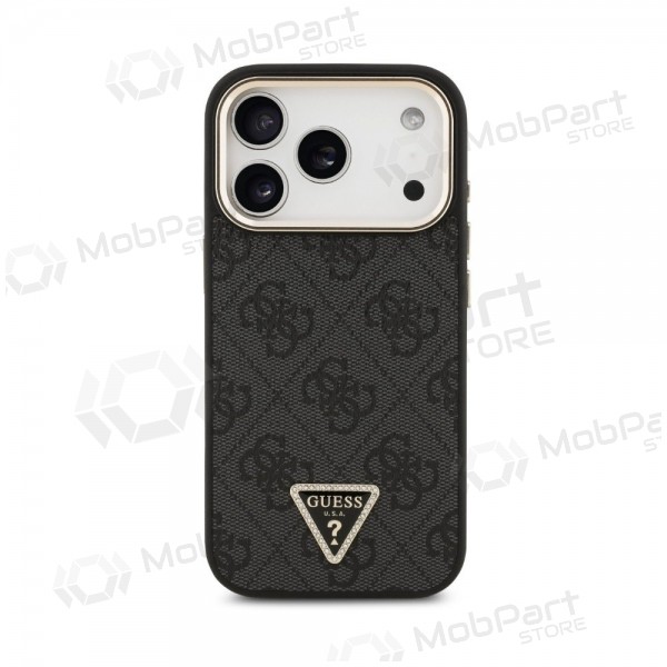 Capa para Apple iPhone 18 Pro Max - Guess PU Leather 4G Strass Triangle Logo Gold Frame MagSafe (preta)