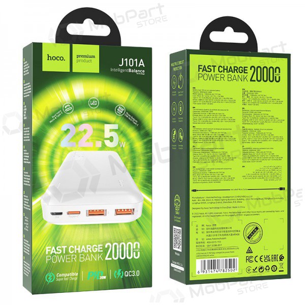 Bateria externa Power Bank Hoco J101A PD 20W+Quick Charge 3.0 22.5W 20000mAh branco