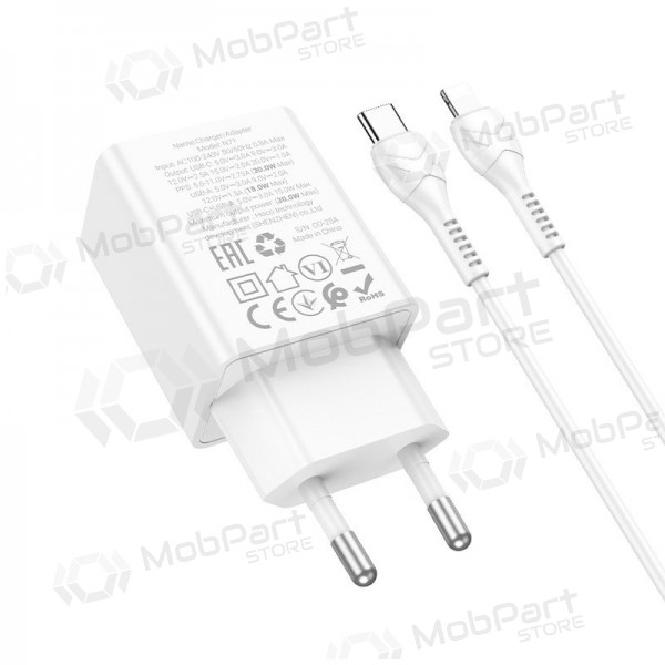 Carregador de telefone Hoco N71 30 W GaN USB-C + USB-A com cabo Lightning de 1 m branco