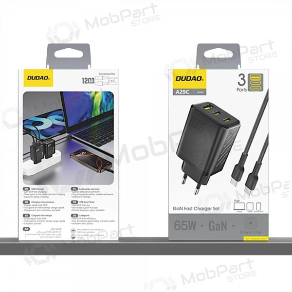 Carregador de telefone Dudao A28PC 45 W GaN 2x USB-C com cabo USB-C de 1 m preto
