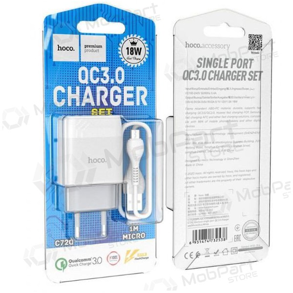 Carregador HOCO C72Q Glorious USB + microUSB cabo (QC3.0) (branco)