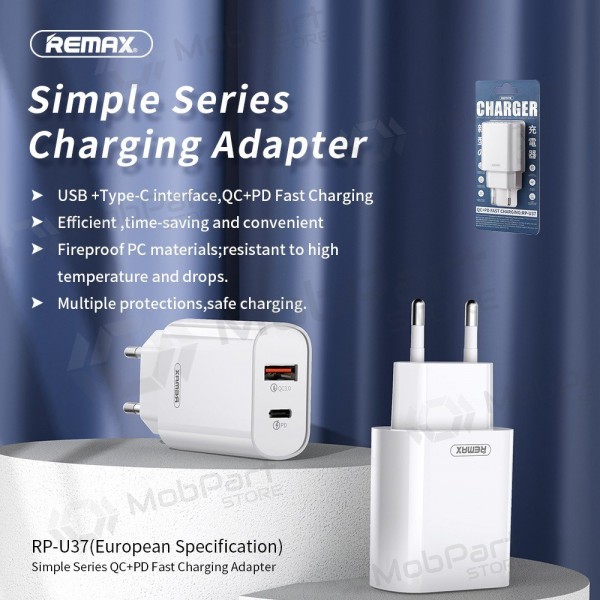 Carregador de telefone Remax RP-U37 20 W USB-C + USB-A branco