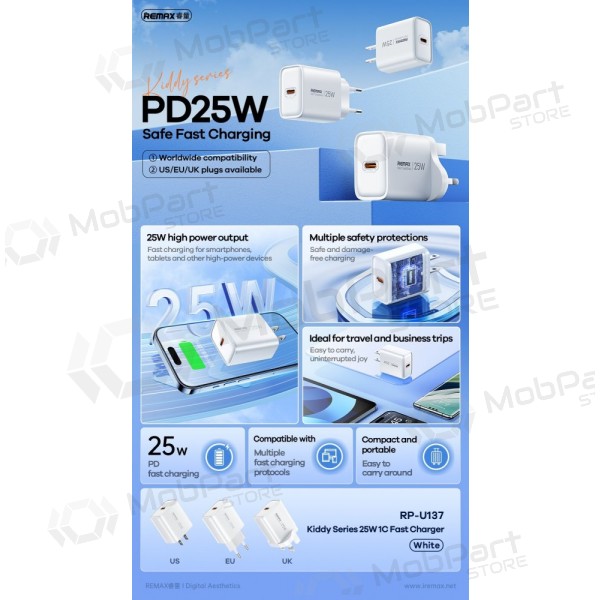 Carregador de telefone Remax RP-U137 25 W USB-C branco