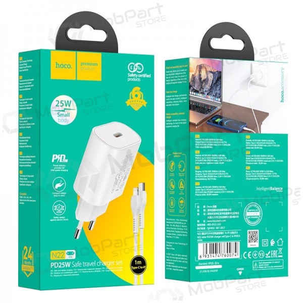 Carregador de telefone Hoco N22 25 W USB-C com cabo Lightning de 1 m branco