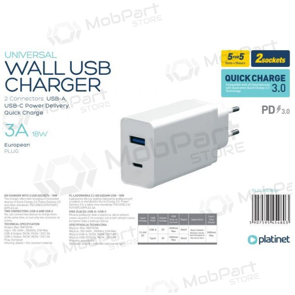 Platinet QuickCharge Type-C+USB 3.0A (18W) carregador