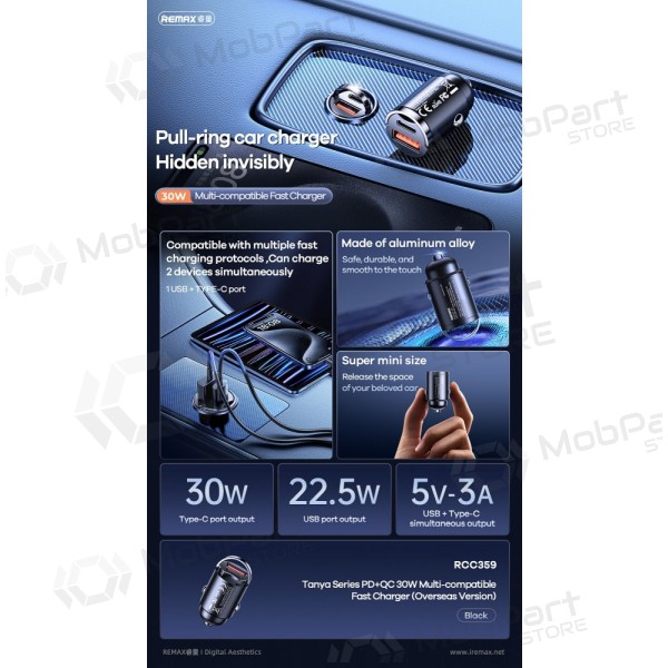 Carregador de carro para telefone Remax RCC359 30 W USB-C + USB-A preto