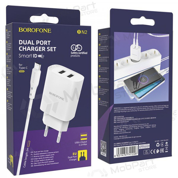Carregador Borofone BN2 2xUSB 2.1A + USB Type-C (branco)