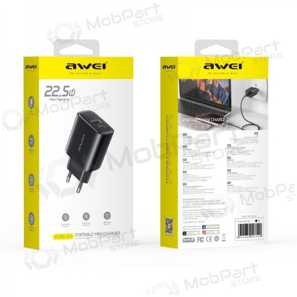 Carregador de telefone Awei PD85T-EU 22.5 W USB-C + USB-A com cabo USB-C 1 m preto