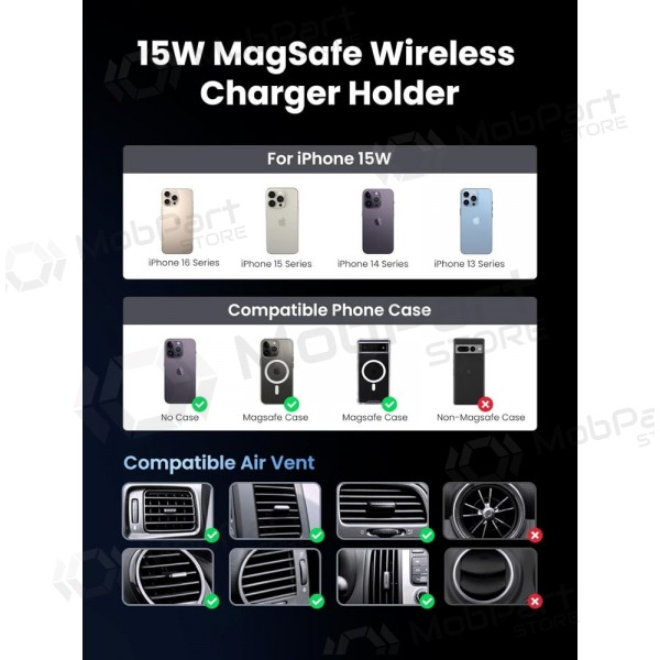 Suporte de telefone para carro com carregamento sem fio Ugreen W708 MagSafe 15 W para grelha de ventilação