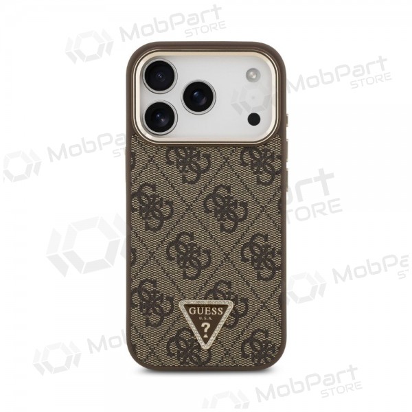 Capa para Apple iPhone 18 Pro - Guess PU Leather 4G Strass Triangle Logo Gold Frame MagSafe (castanho)
