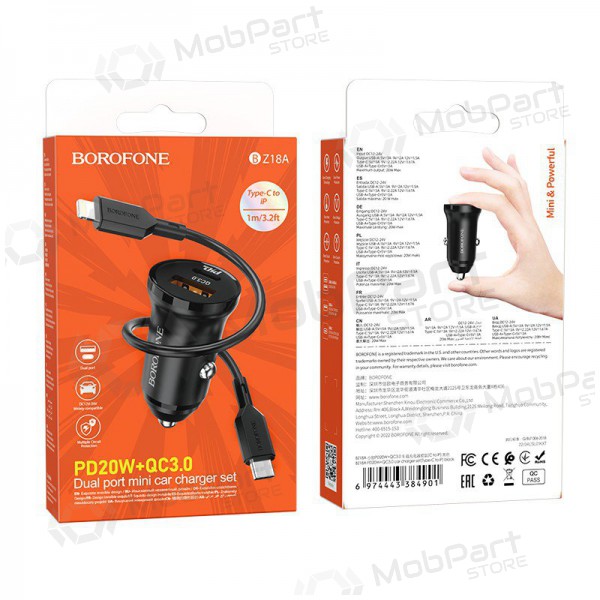 Carregador automobilinis Borofone BZ18A USB-A/Type-C PD20W+QC3.0 + Lightning (preto)