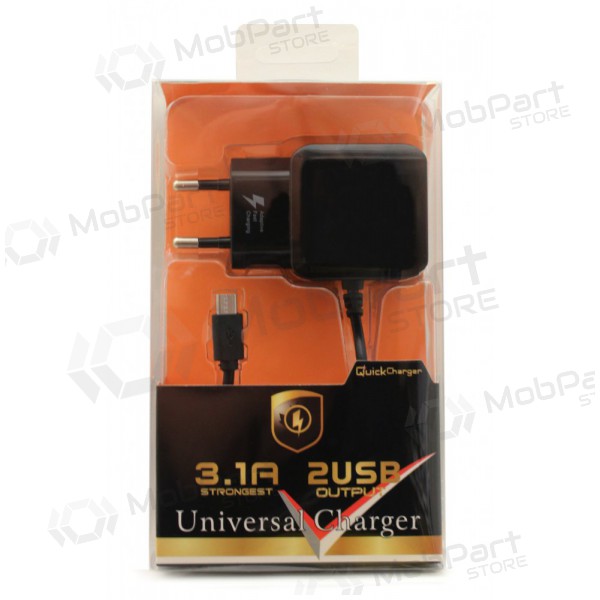 Carregador F13c FastCharging x 2 USB (3.1A) + microUSB (preto)