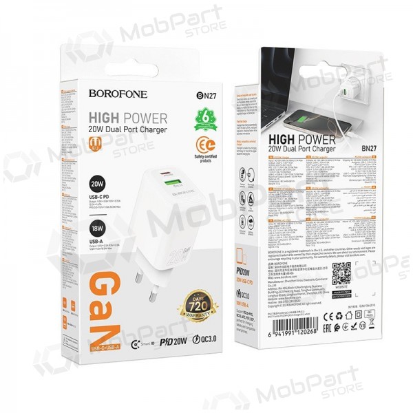 Carregador Borofone BN27 20W USB-C/USB-A branco