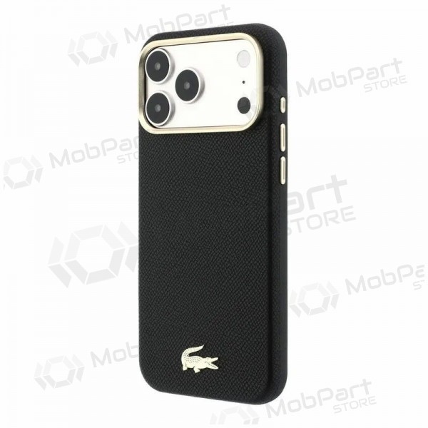 Capa para Apple iPhone 18 Pro - Lacoste PU Leather Champs Elysees Gold Logo MagSafe (preta)